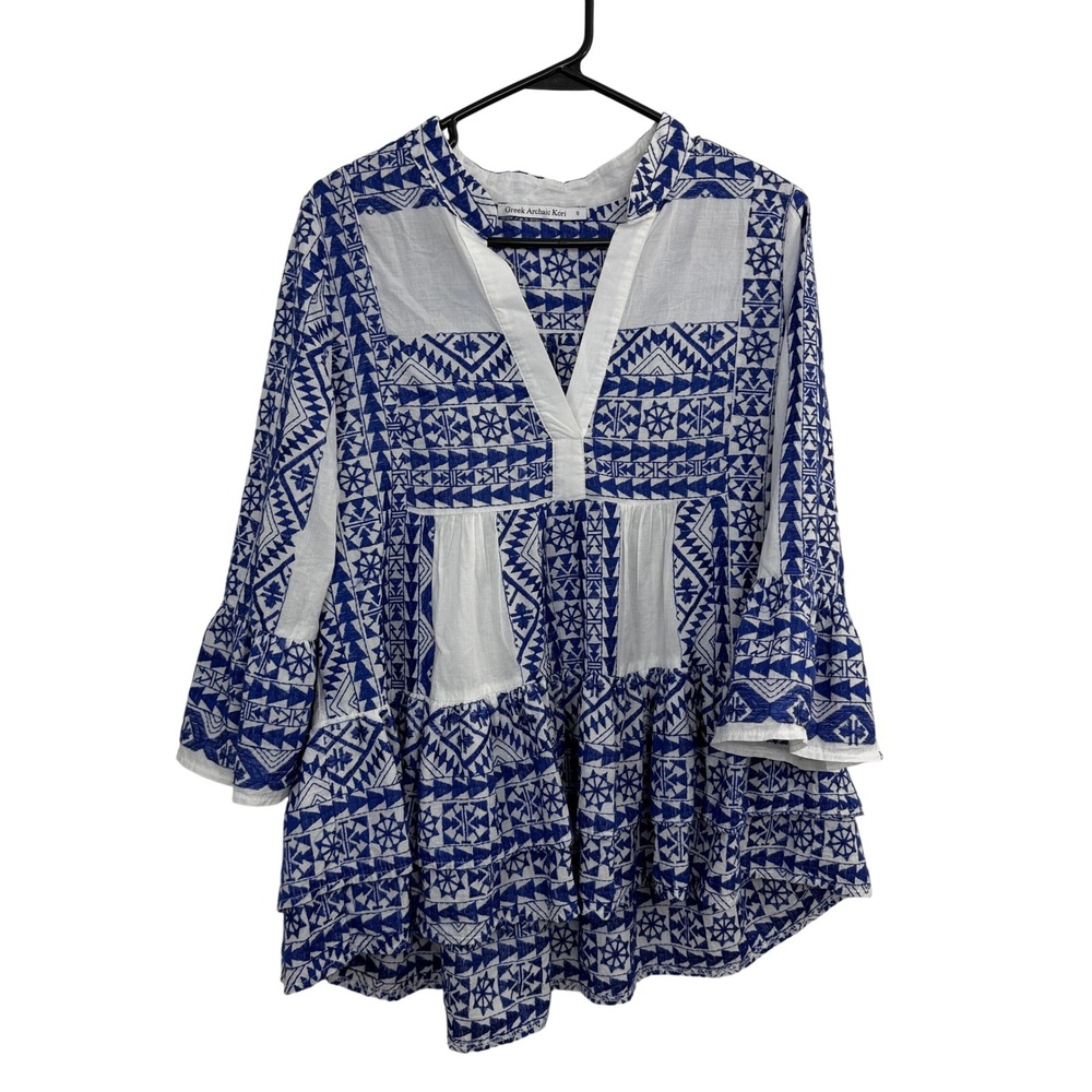 Greek Archaic Kori Top Womens Small White Blue Geometric Embroidered Tiered *
